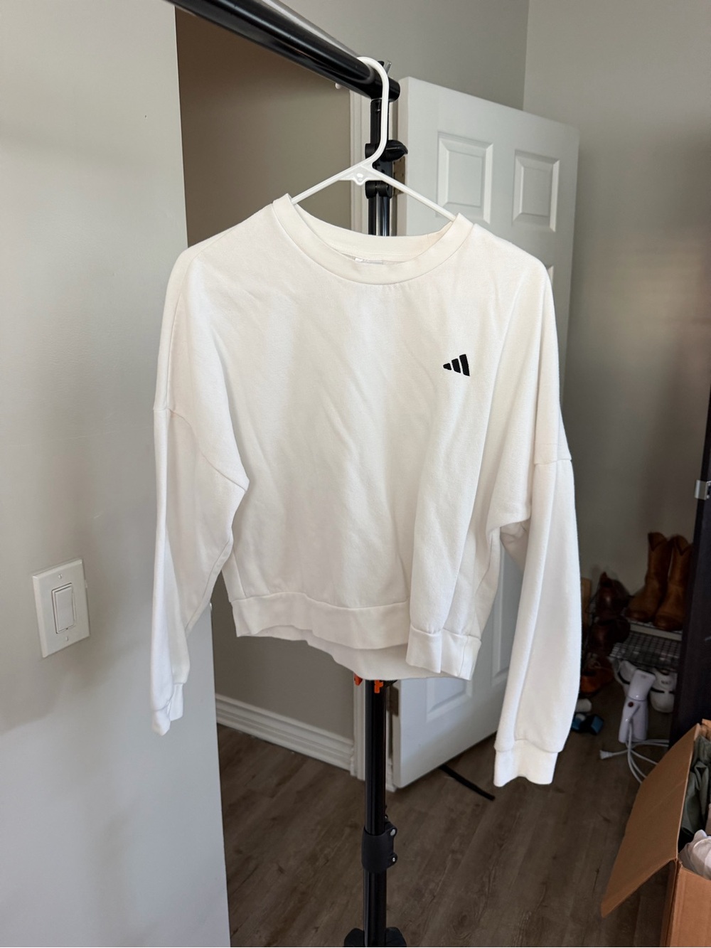 adidas White Crewneck Sweatshirt with Small Black Logo